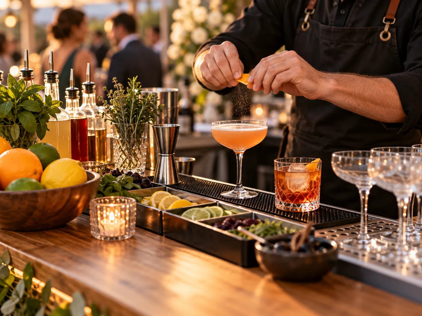 Cocktail and garnish details at a mobile bar